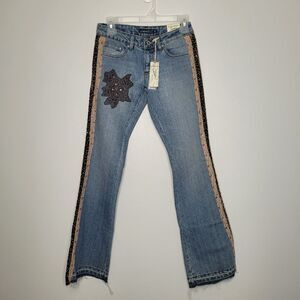 y2k lace trim embroidered beaded boho flare jeans size 0 NWT